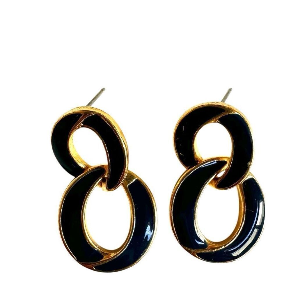 Blue and gold tone double circle drop earrings - Picture 2 of 6